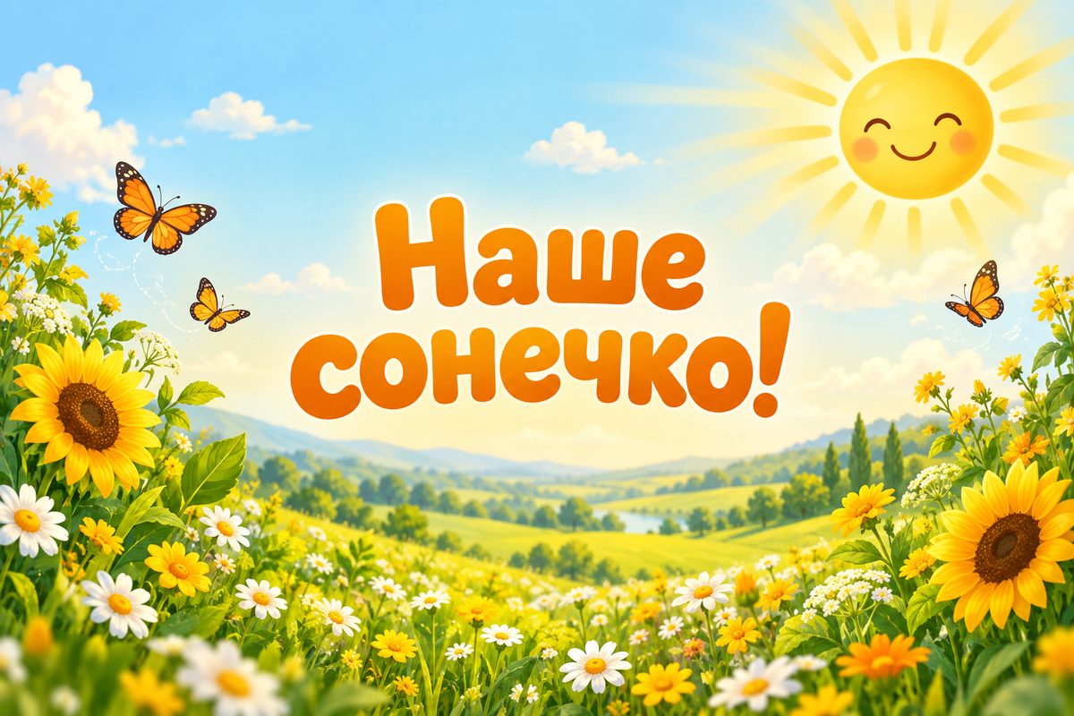 Листівка з днем народження онуку: усміхнене сонце над лугом, напис «Наше сонечко!»