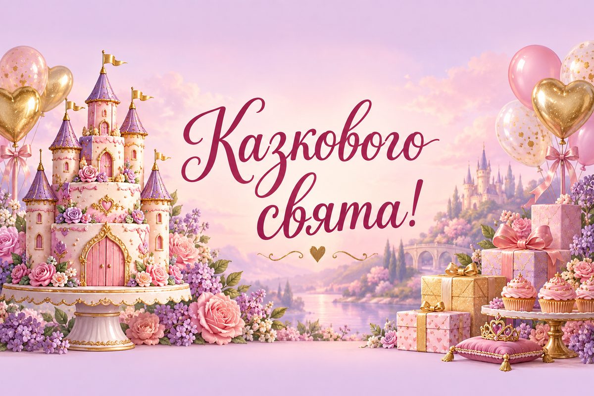 Листівка з днем народження онуку: торт-замок із прапорцями, напис «Казкового свята!»