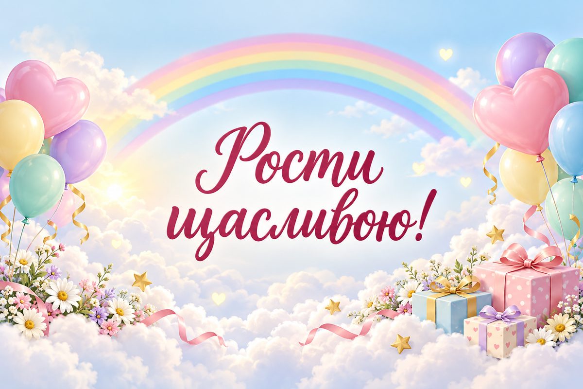 Листівка з днем народження онуку: веселка, хмарки й кульки, напис «Рости щасливою!»