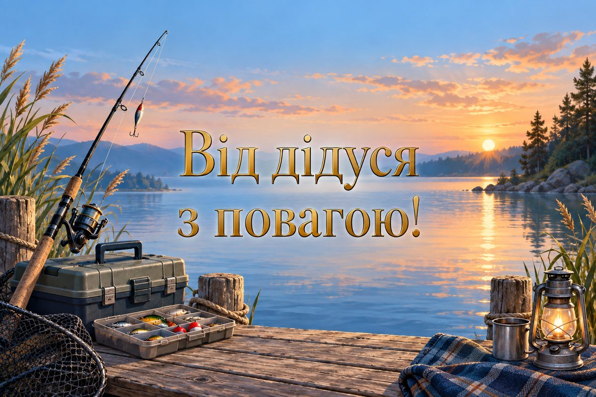 Листівка з днем народження онуку: вудка на причалі біля озера, напис «Від дідуся з повагою!»