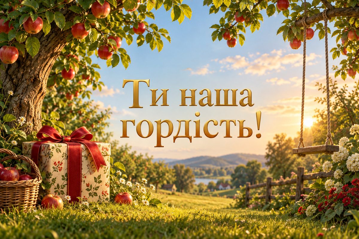 Листівка з днем народження онуку: яблуневий сад і подарунок під деревом, напис «Ти наша гордість!»