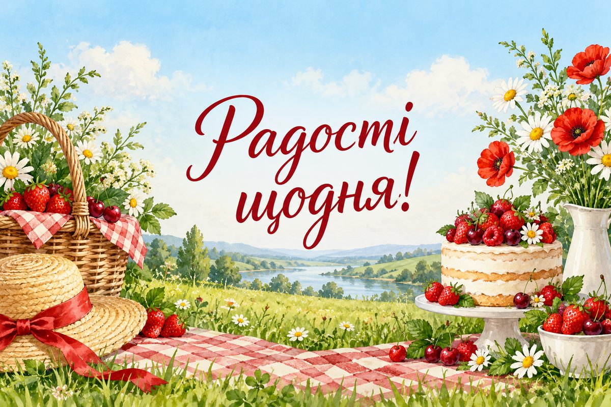 Листівка з днем народження: пікнік на лузі, напис «Радості щодня!»