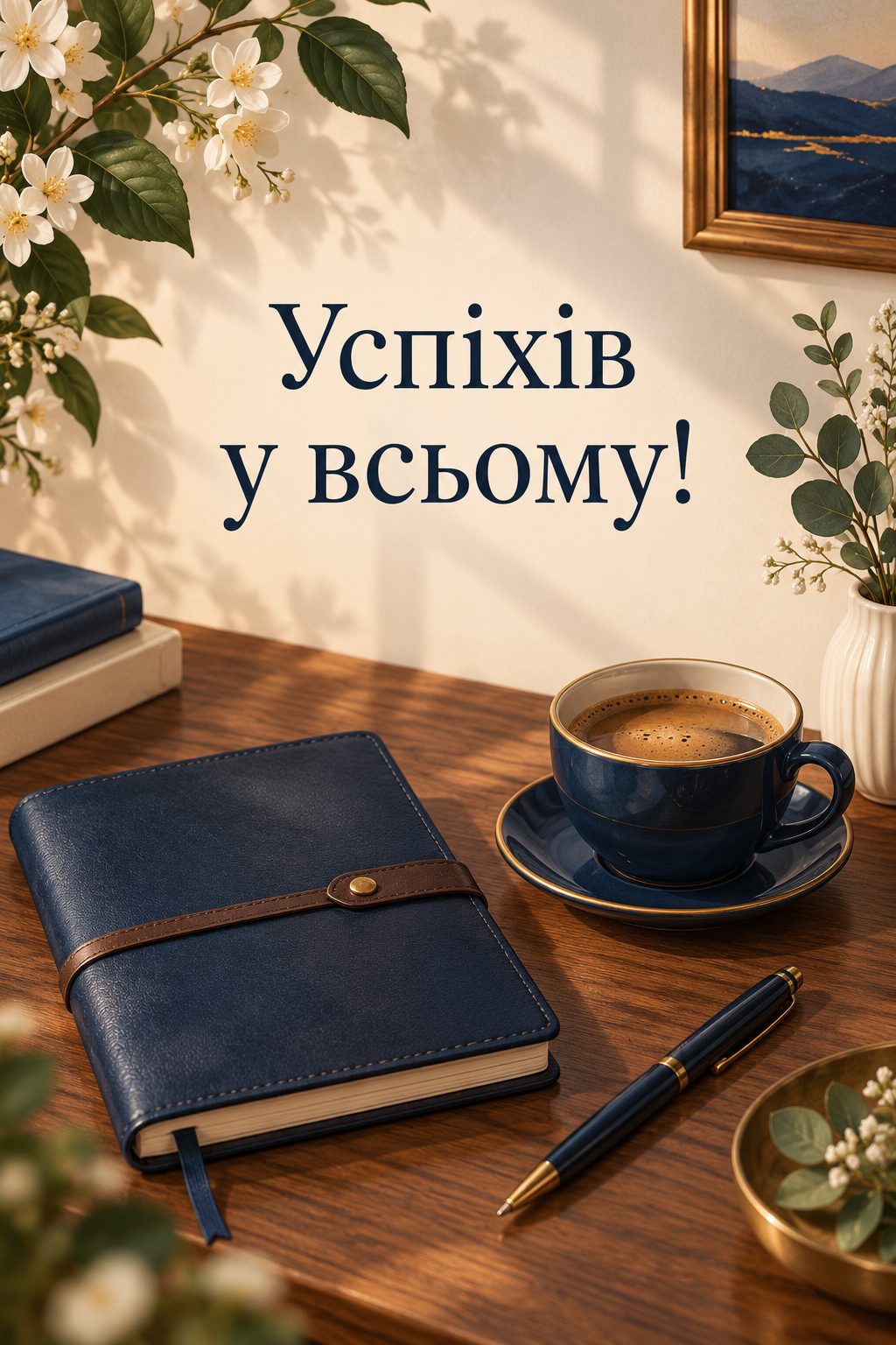 Листівка з днем народження племіннику: шкіряний блокнот, ручка й кава на столі, напис «Успіхів у всьому!»