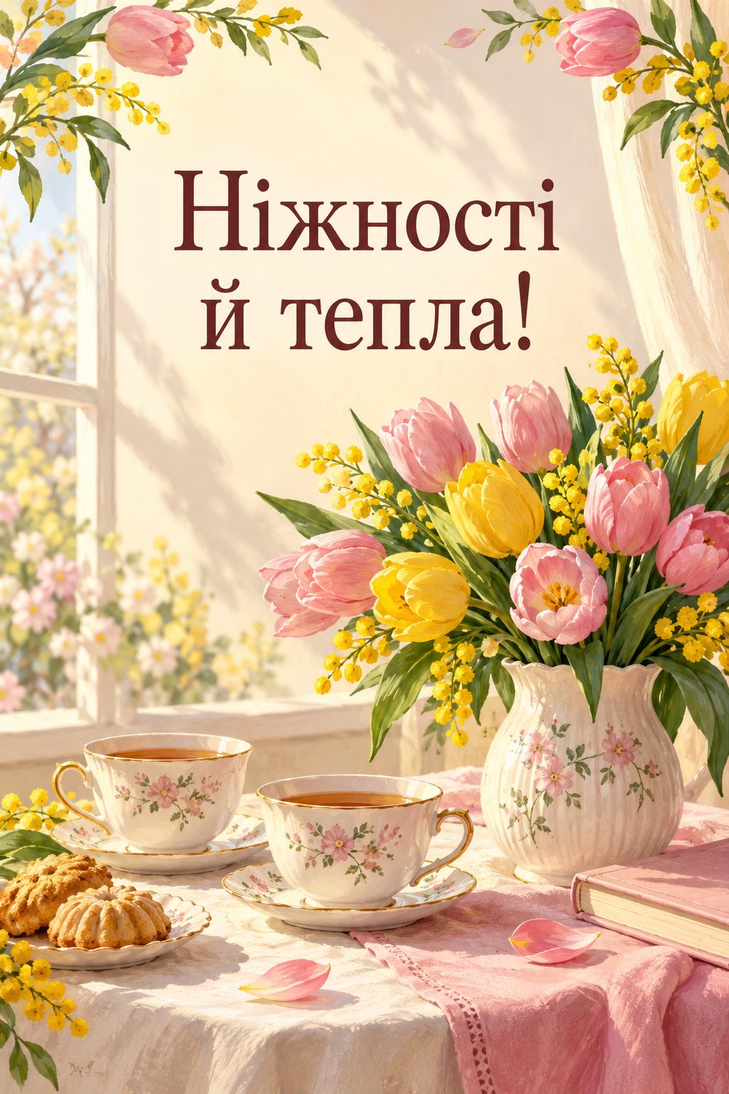 Листівка з днем народження племіннику: дві чашки й тюльпани на сонячному столі, напис «Ніжності й тепла!»