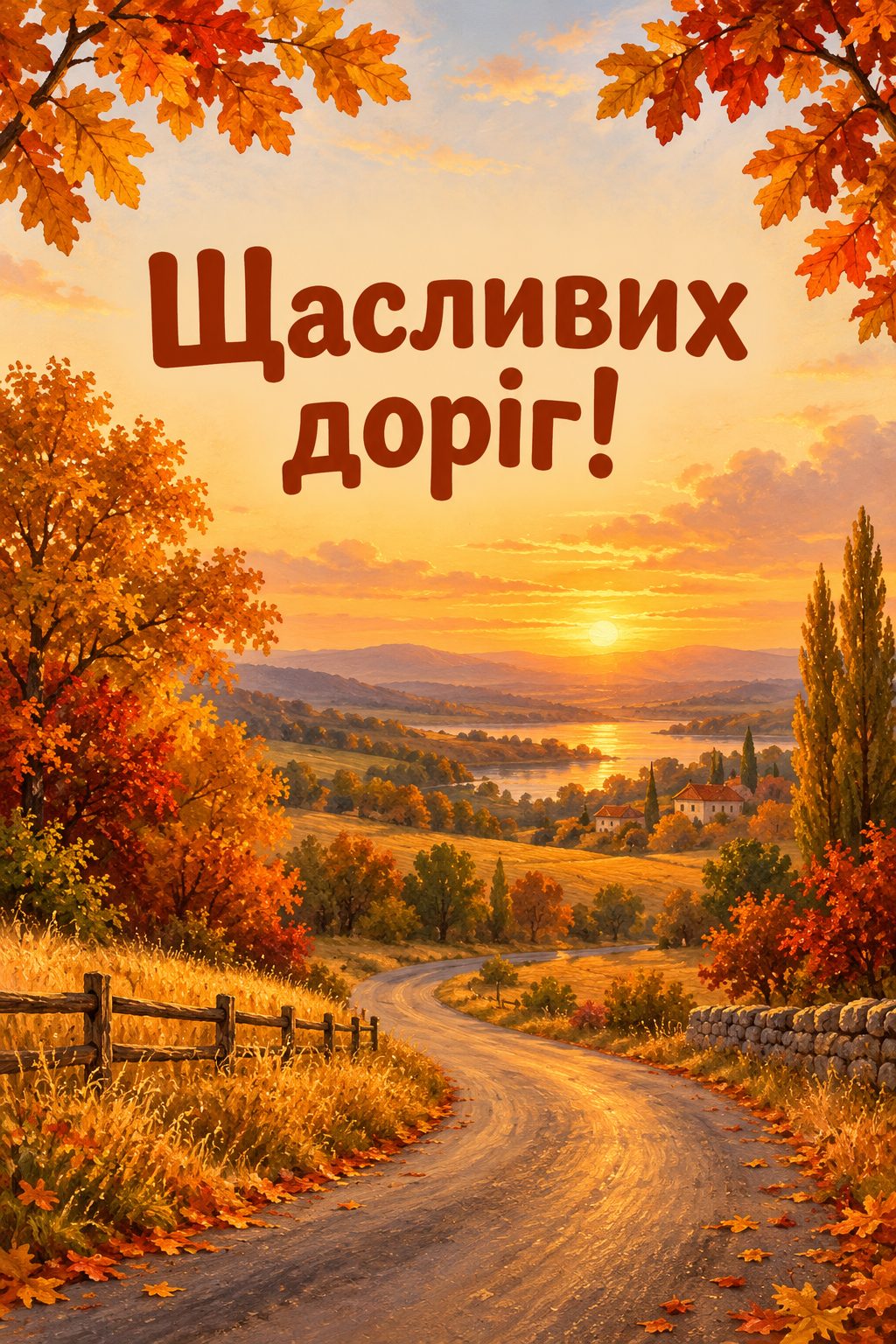 Листівка з днем народження племіннику: дорога через осінні поля на заході сонця, напис «Щасливих доріг!»