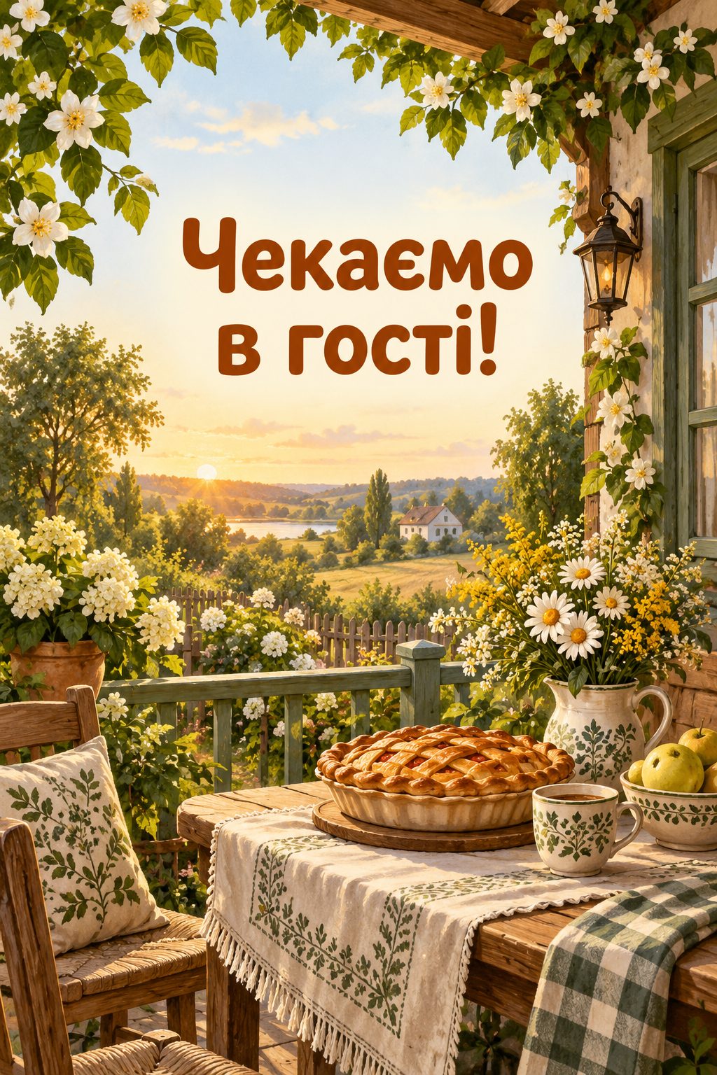 Листівка з днем народження племіннику: ґанок сільського будинку з пирогом і квітами, напис «Чекаємо в гості!»