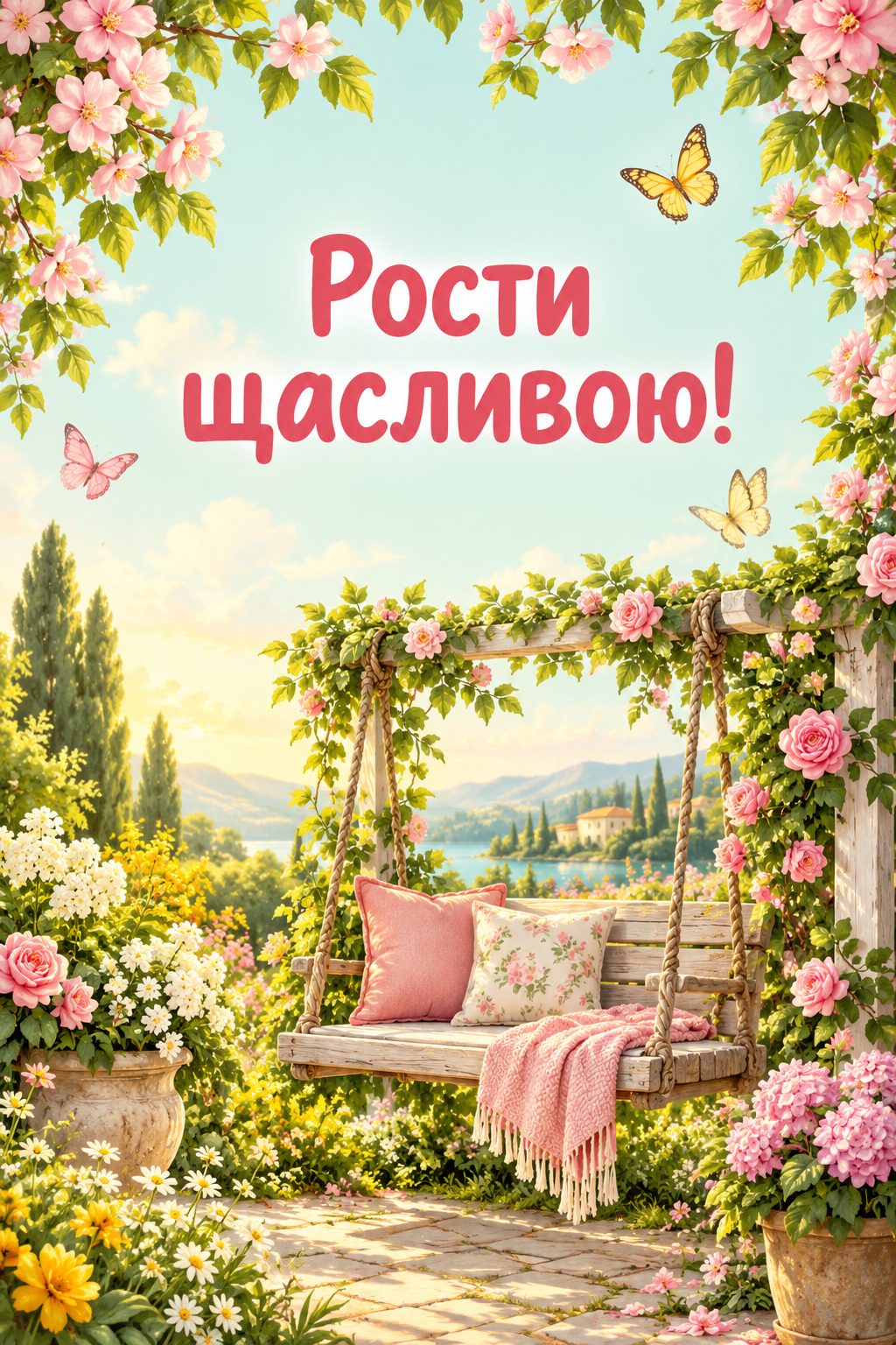 Листівка з днем народження племіннику: садова гойдалка серед квітів, напис «Рости щасливою!»