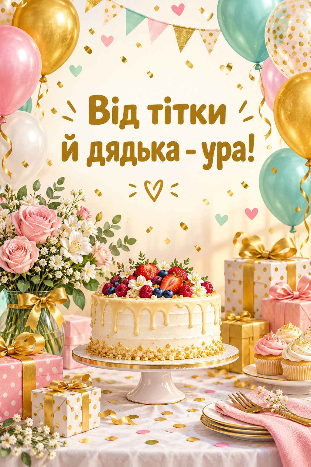 Листівка з днем народження племіннику: конфеті й кульки над святковим столом із тортом, напис «Від тітки й дядька - ура!»