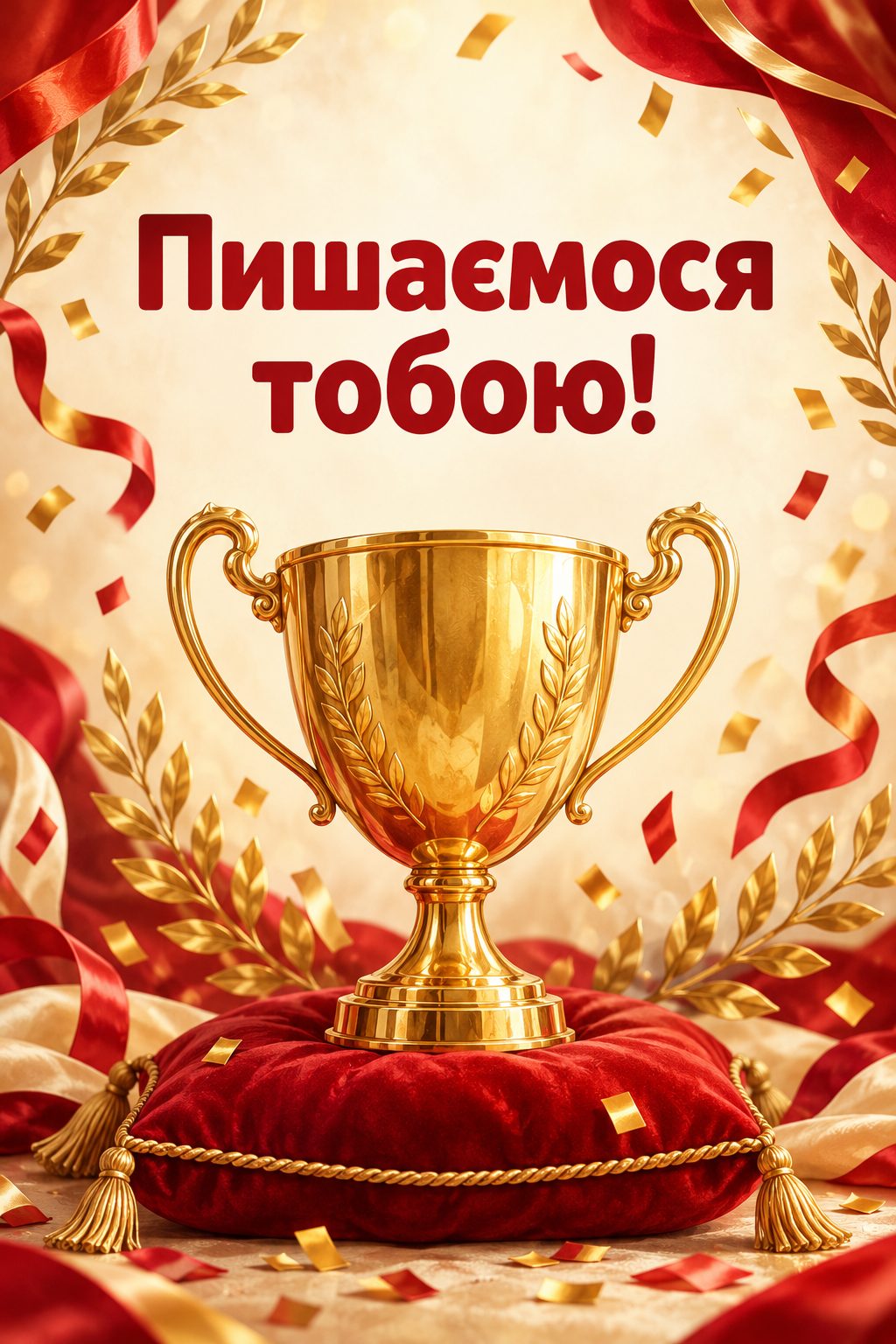 Листівка з днем народження племіннику: золотий кубок на подушці з конфеті, напис «Пишаємося тобою!»