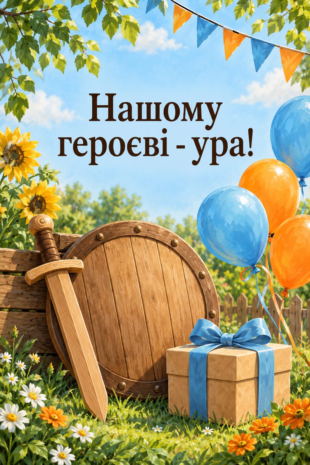 Листівка з днем народження племіннику: дерев'яні іграшкові меч і щит без символів, кульки й подарунок, напис «Нашому героєві - ура!»