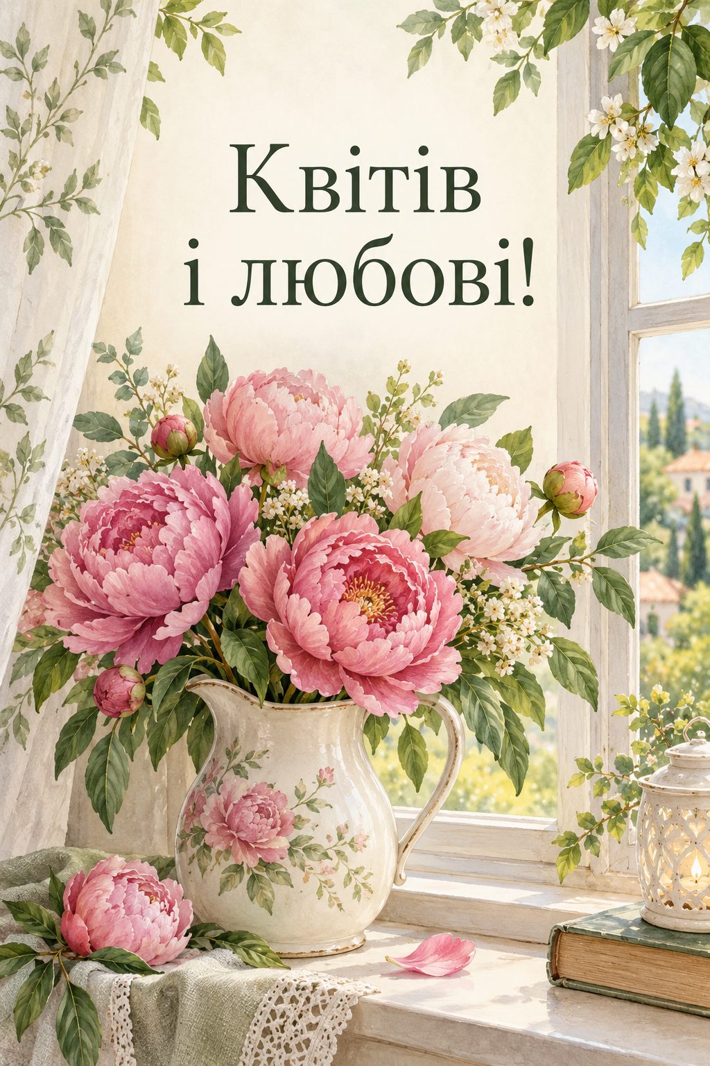 Листівка з днем народження племіннику: букет півоній у старовинному глечику, напис «Квітів і любові!»