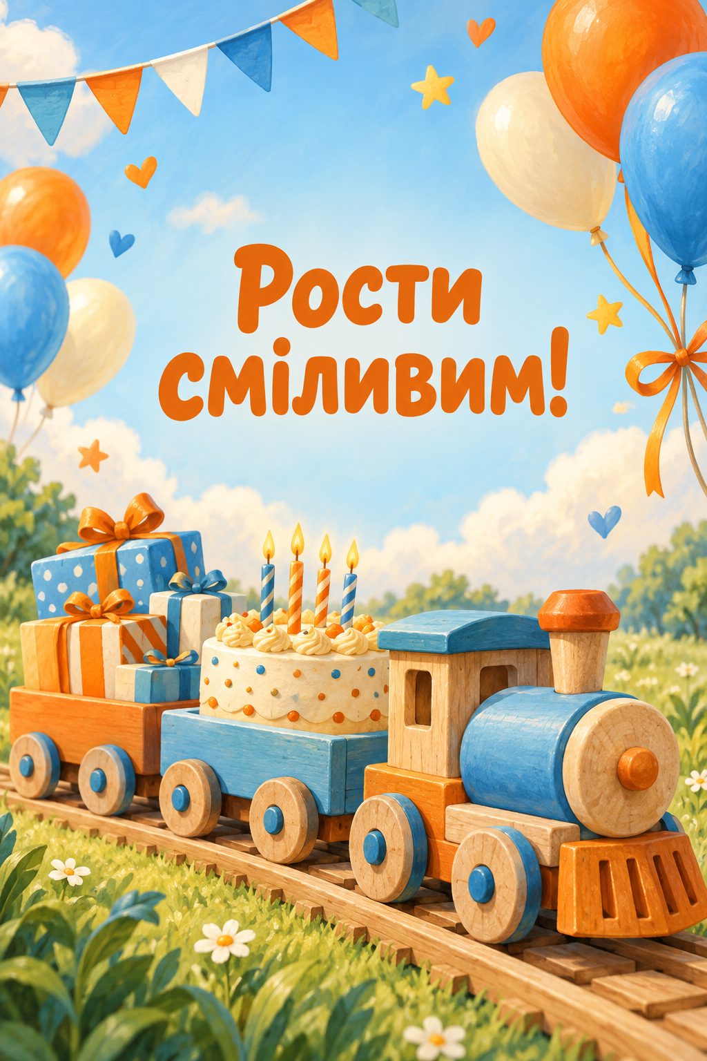 Листівка з днем народження племіннику: дерев'яний потяг, кульки й торт, напис «Рости сміливим!»