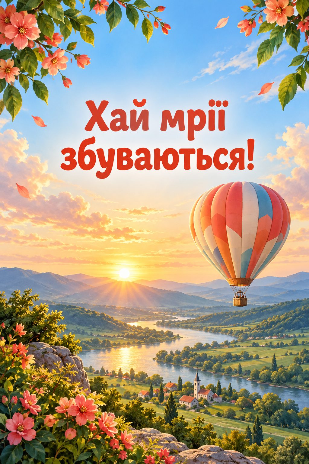 Листівка з днем народження племіннику: повітряна куля над зеленою долиною, напис «Хай мрії збуваються!»