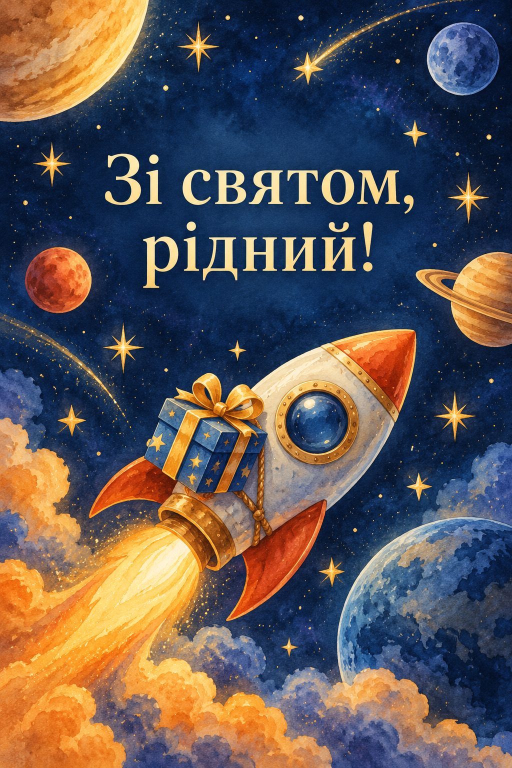 Листівка з днем народження племіннику: іграшкова ракета серед зірок і планет, напис «Зі святом, рідний!»