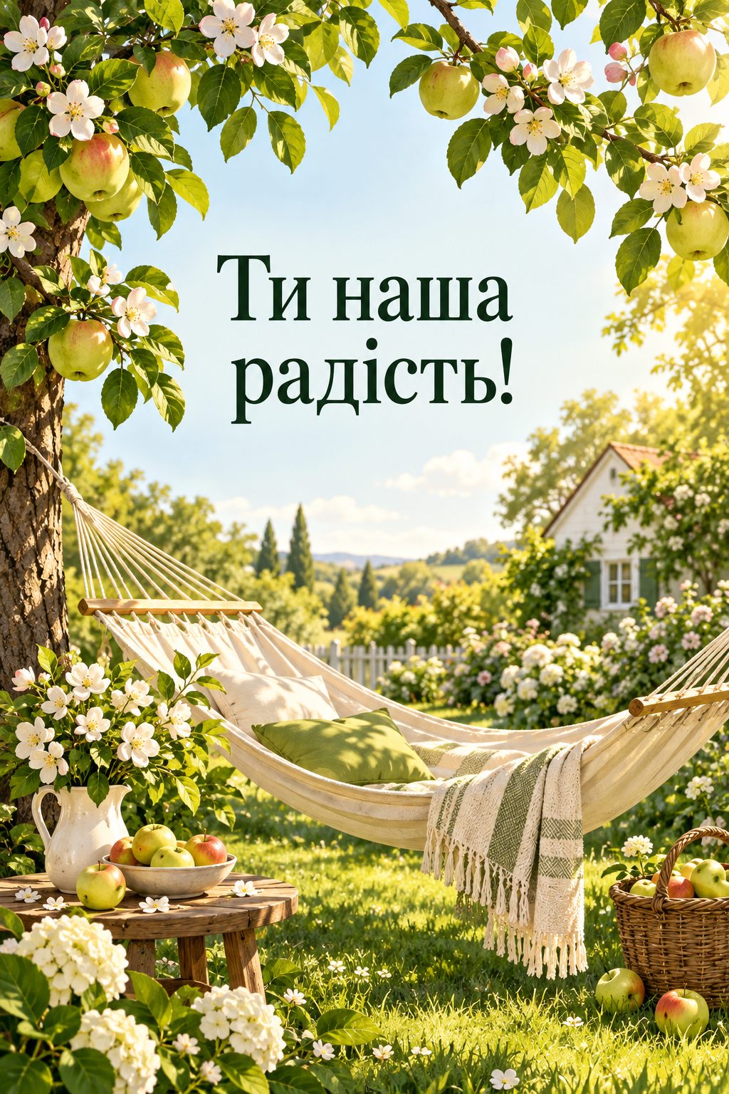 Листівка з днем народження племіннику: сонячний сад з яблунями й гамаком, напис «Ти наша радість!»