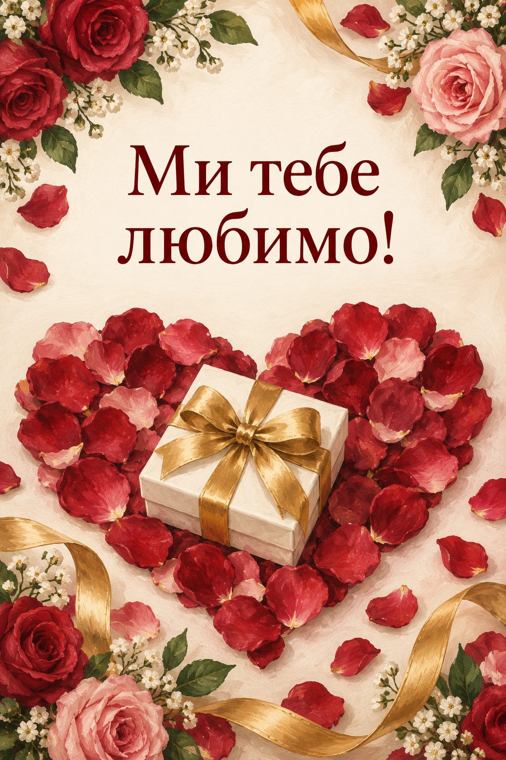 Листівка з днем народження племіннику: серце з пелюсток троянд навколо подарунка, напис «Ми тебе любимо!»