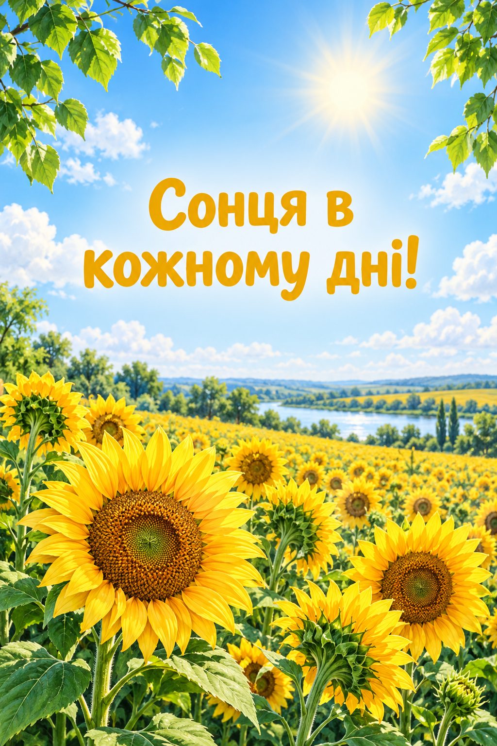 Листівка з днем народження племіннику: соняшникове поле під літнім небом, напис «Сонця в кожному дні!»
