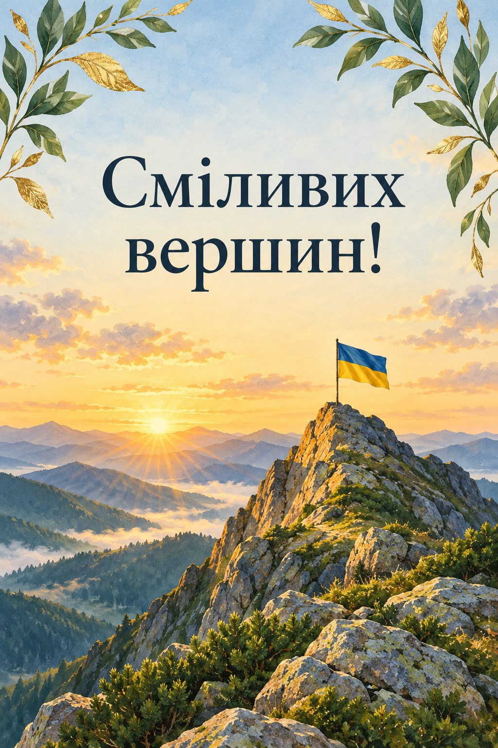 Листівка з днем народження племіннику: гірська вершина на світанку з прапорцем, напис «Сміливих вершин!»