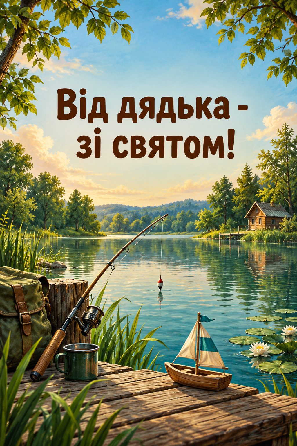 Листівка з днем народження племіннику: вудка й дерев'яний човник біля ставка, напис «Від дядька - зі святом!»