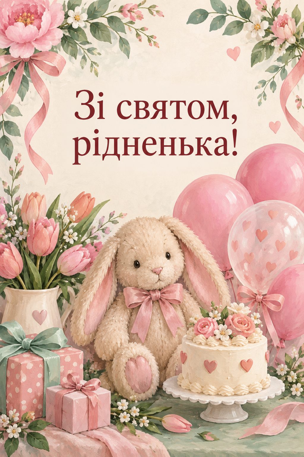 Листівка з днем народження племіннику: плюшевий зайчик, рожеві кульки й тортик, напис «Зі святом, рідненька!»