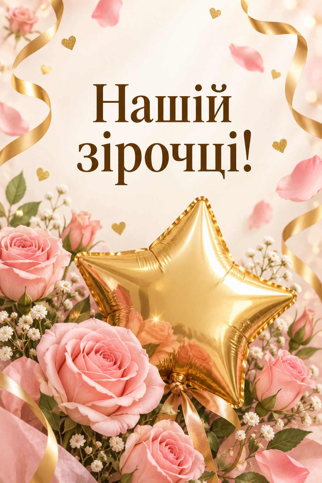 Листівка з днем народження племіннику: золота кулька-зірка серед рожевих троянд, напис «Нашій зірочці!»