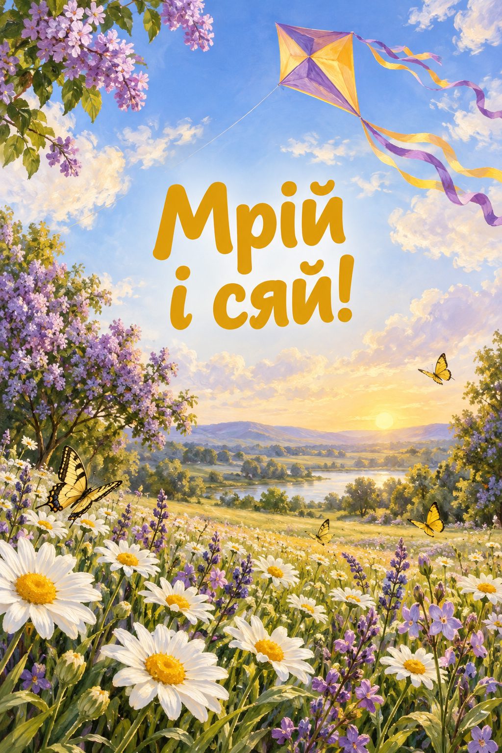 Листівка з днем народження племіннику: повітряний змій над ромашковим лугом, напис «Мрій і сяй!»