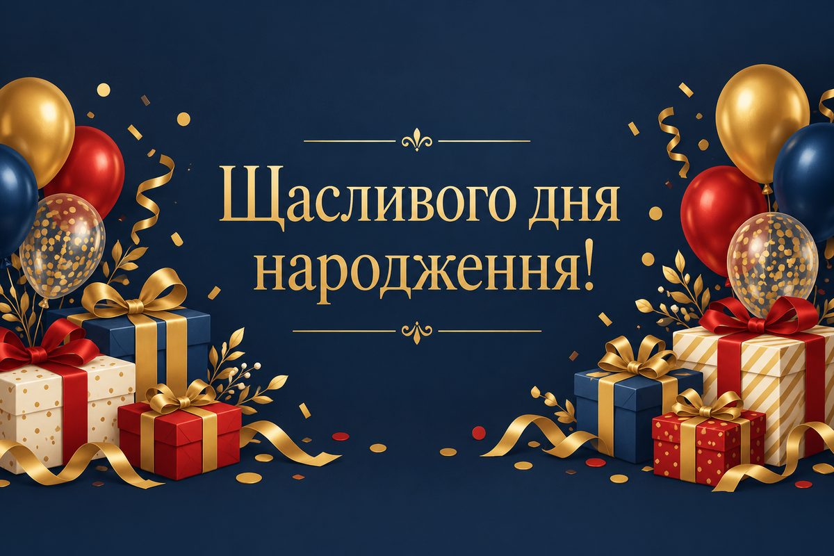 Листівка з днем народження: подарунки зі стрічками, напис «Щасливого дня народження!»
