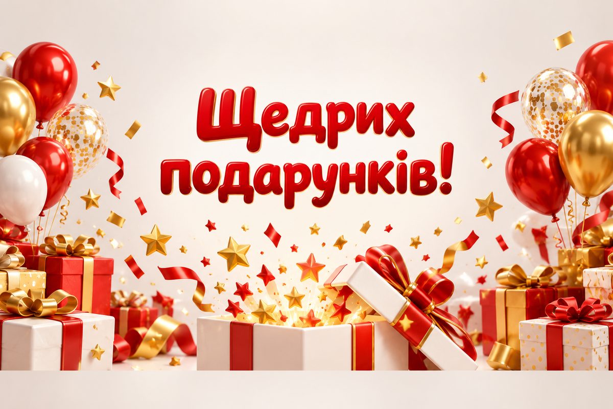 Листівка з днем народження: подарунок із конфеті, напис «Щедрих подарунків!»