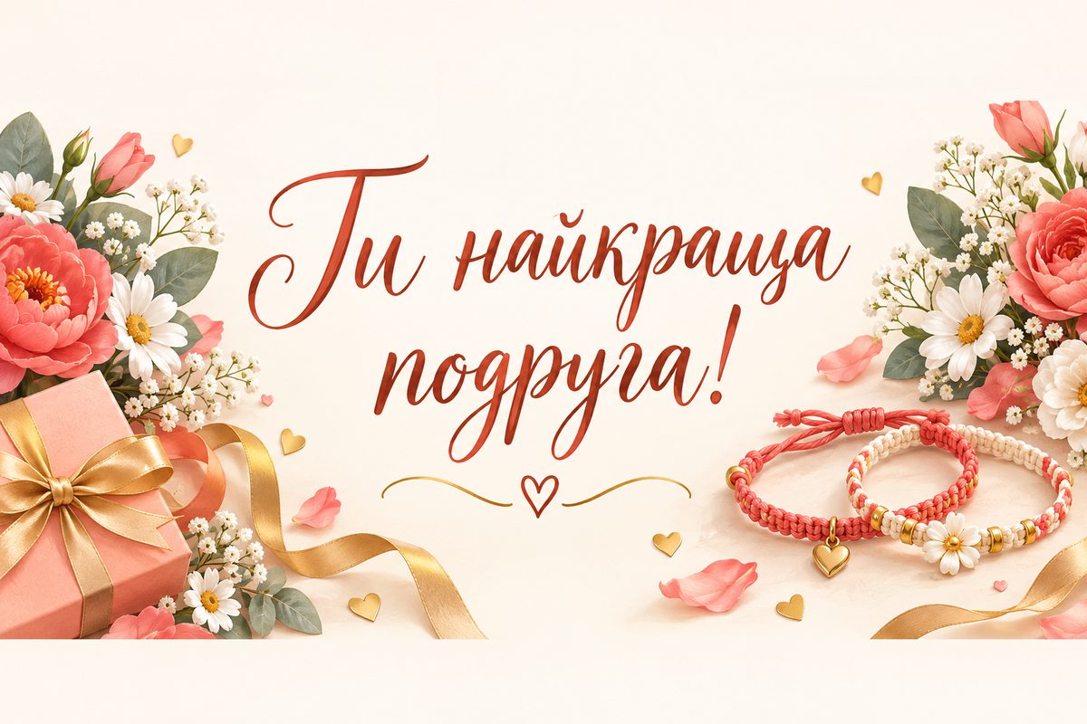 Листівка з днем народження подрузі: браслети дружби й квіти, напис «Ти найкраща подруга!»
