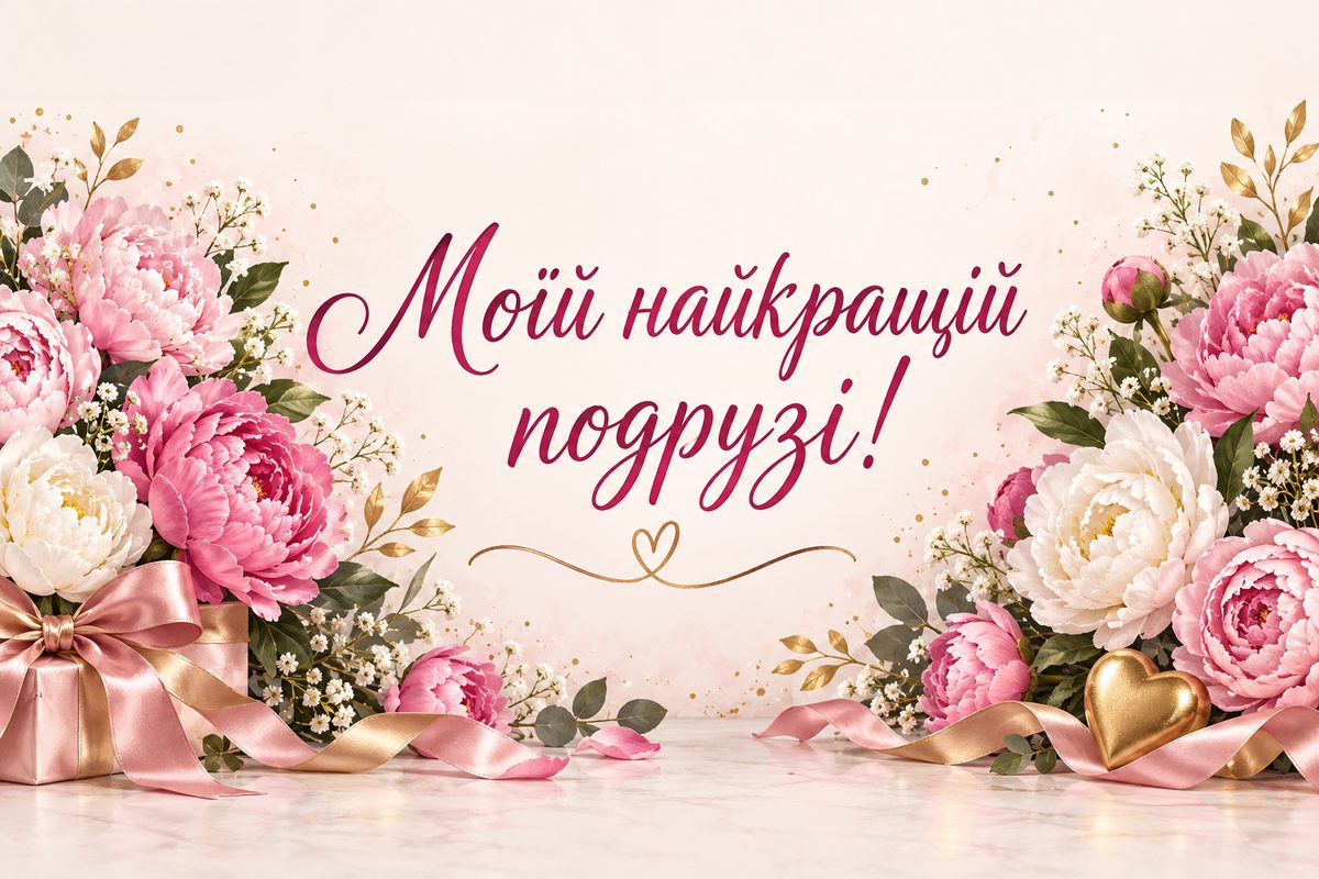Листівка з днем народження подрузі: великий букет півоній, напис «Моїй найкращій подрузі!»