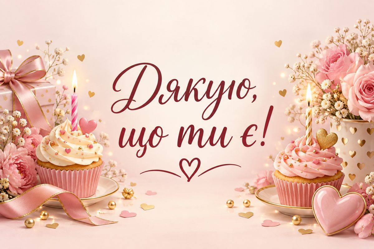 Листівка з днем народження подрузі: два капкейки зі свічками й сердечком, напис «Дякую, що ти є!»