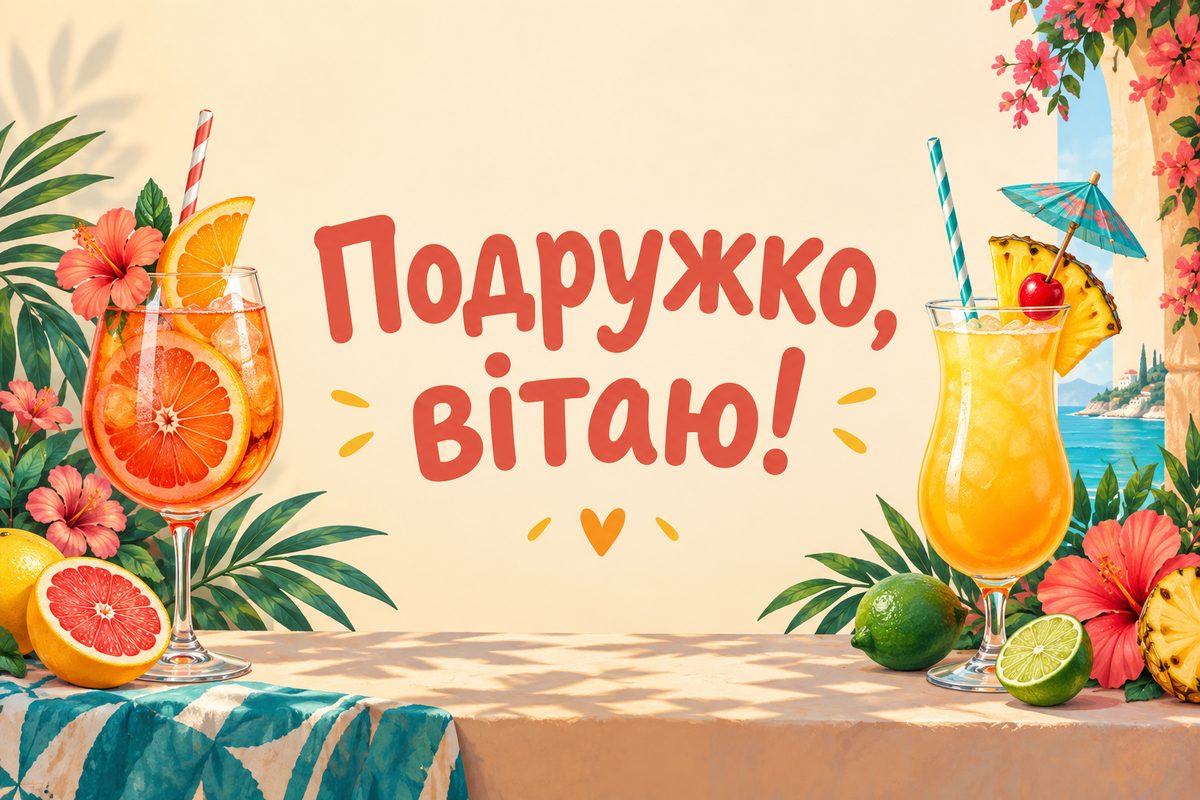Листівка з днем народження подрузі: два коктейлі з фруктами, напис «Подружко, вітаю!»
