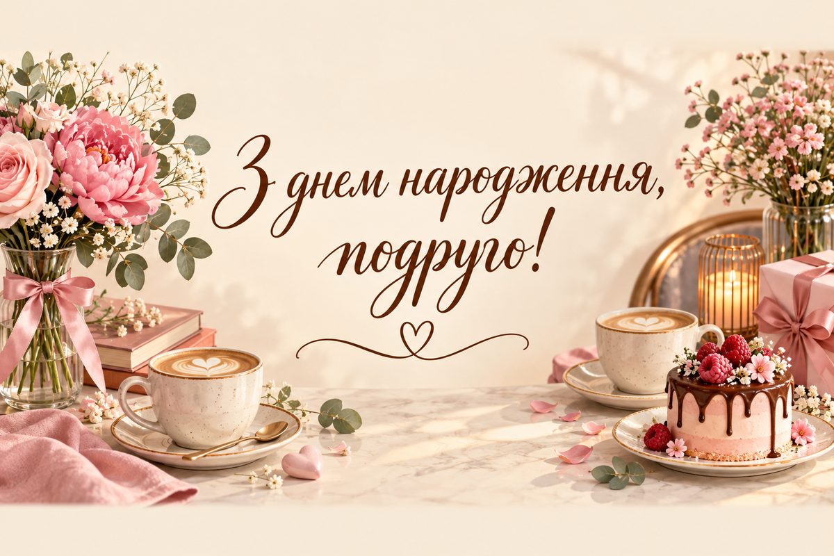 Листівка з днем народження подрузі: дві чашки кави й тортик у кавʼярні, напис «З днем народження, подруго!»