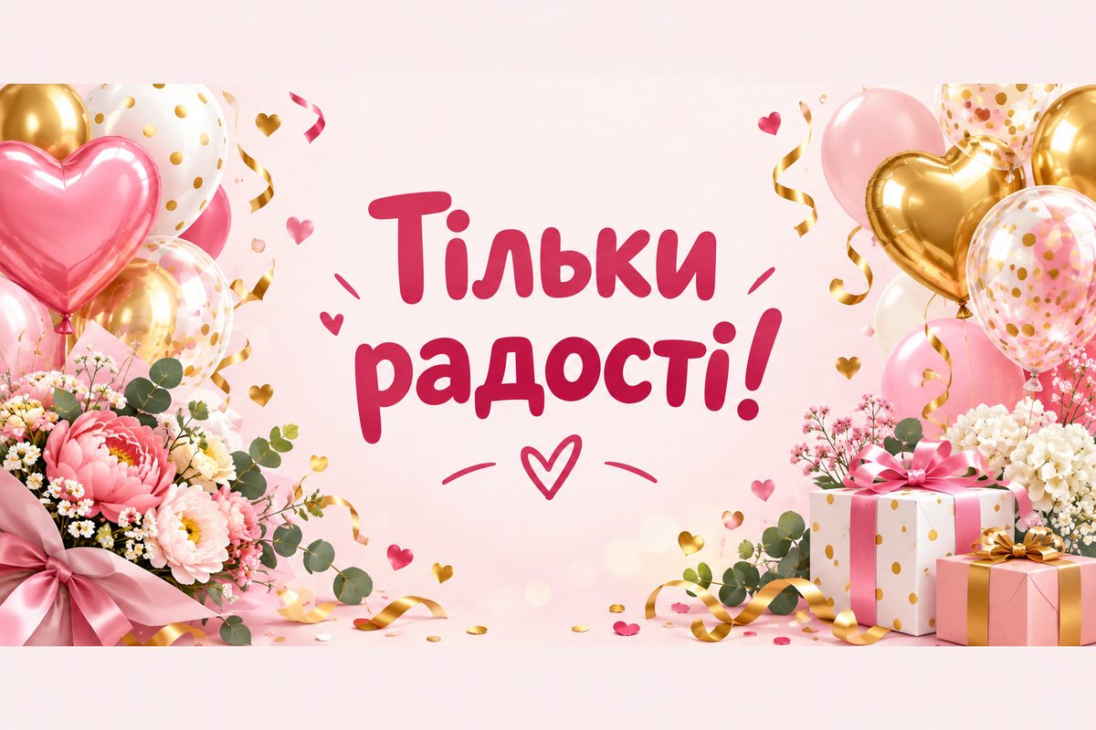 Листівка з днем народження подрузі: кульки й конфеті, напис «Тільки радості!»