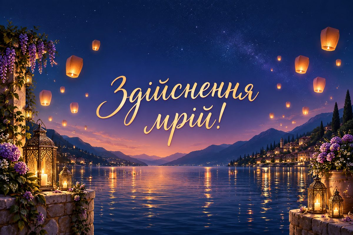 Листівка з днем народження подрузі: ліхтарики над озером, напис «Здійснення мрій!»