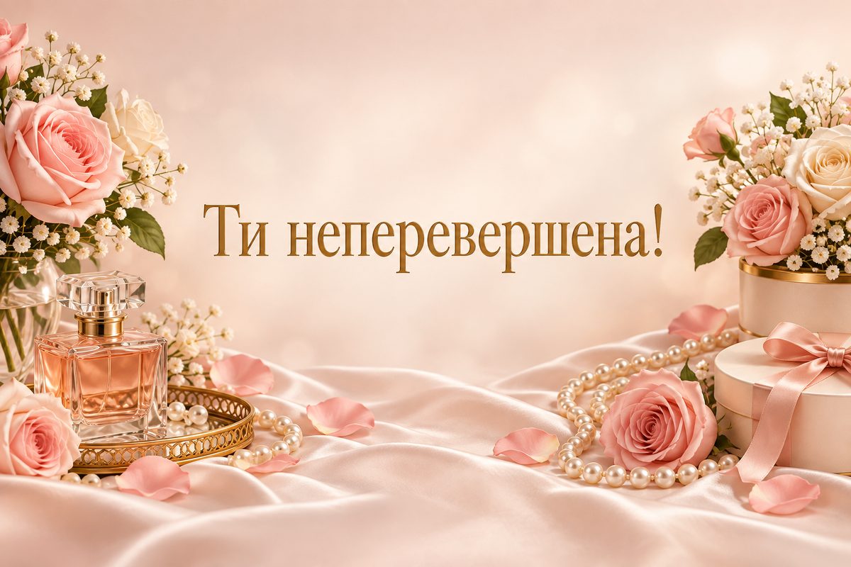 Листівка з днем народження подрузі: парфуми, перли й троянди, напис «Ти неперевершена!»