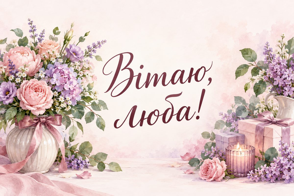 Листівка з днем народження подрузі: пастельний букет у вазі, напис «Вітаю, люба!»