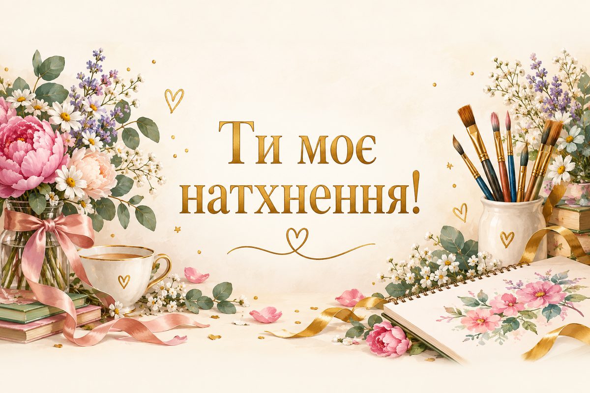 Листівка з днем народження подрузі: пензлі, альбом для малювання й квіти, напис «Ти моє натхнення!»