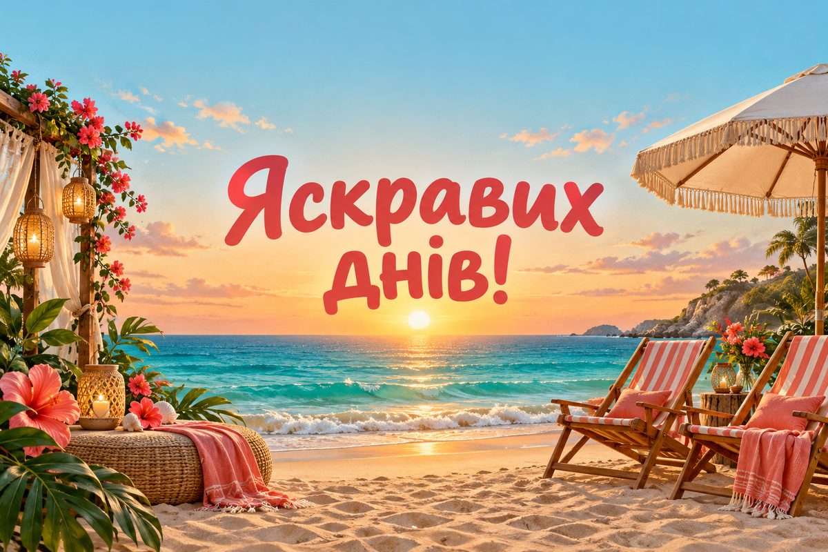 Листівка з днем народження подрузі: пляж і два шезлонги на заході сонця, напис «Яскравих днів!»