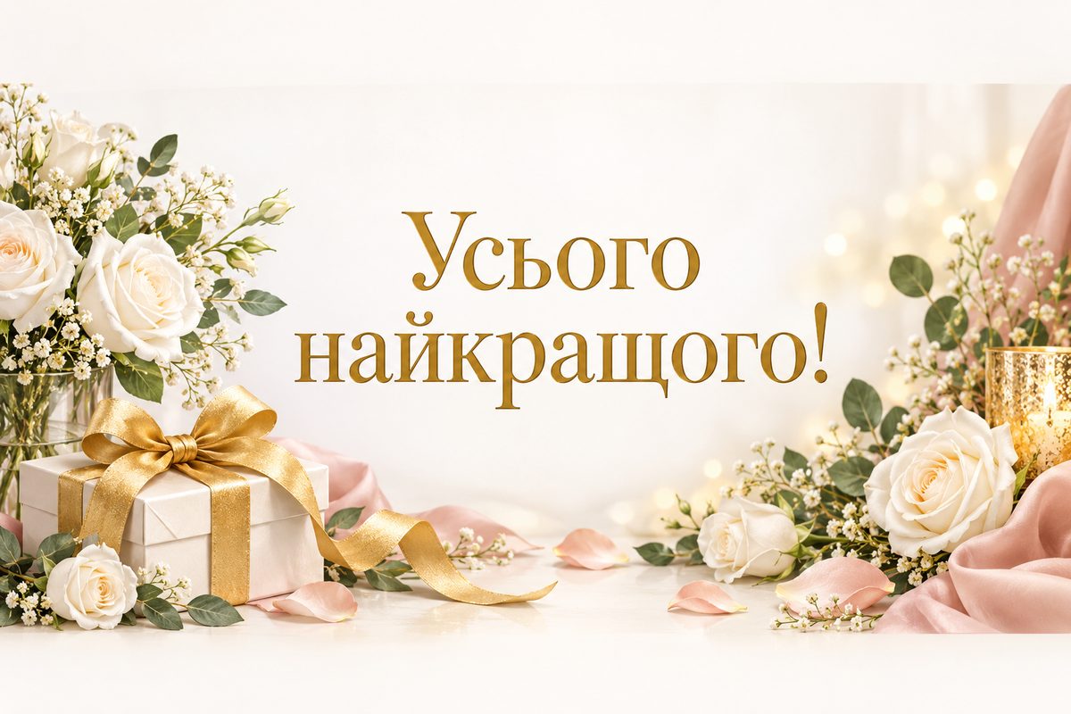 Листівка з днем народження подрузі: подарунок із золотим бантом і троянди, напис «Усього найкращого!»