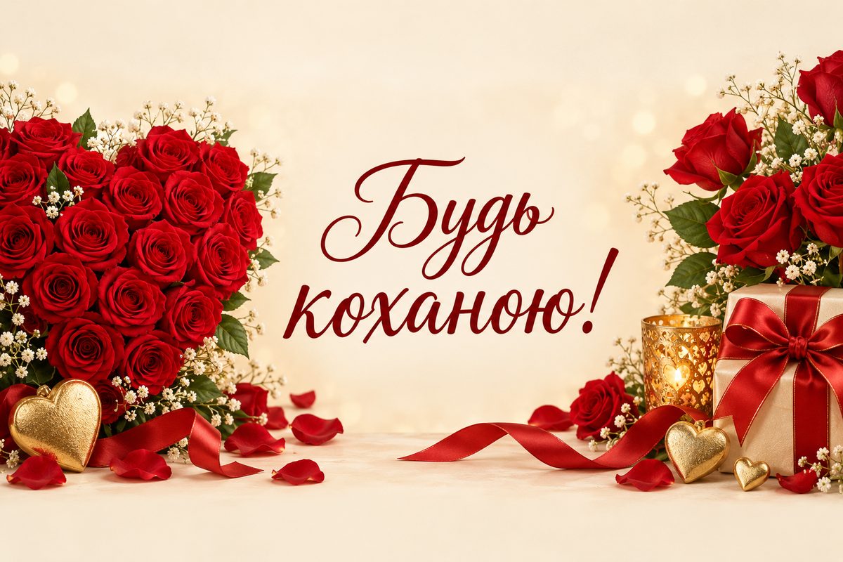 Листівка з днем народження подрузі: серце з червоних троянд, напис «Будь коханою!»