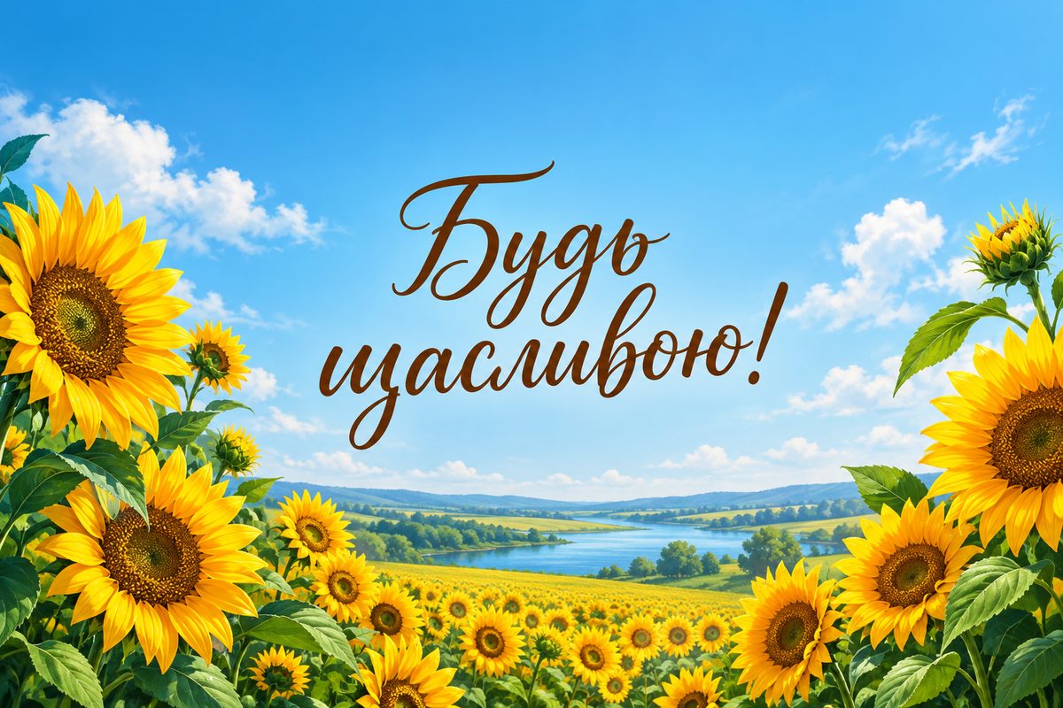 Листівка з днем народження подрузі: соняшникове поле під небом, напис «Будь щасливою!»
