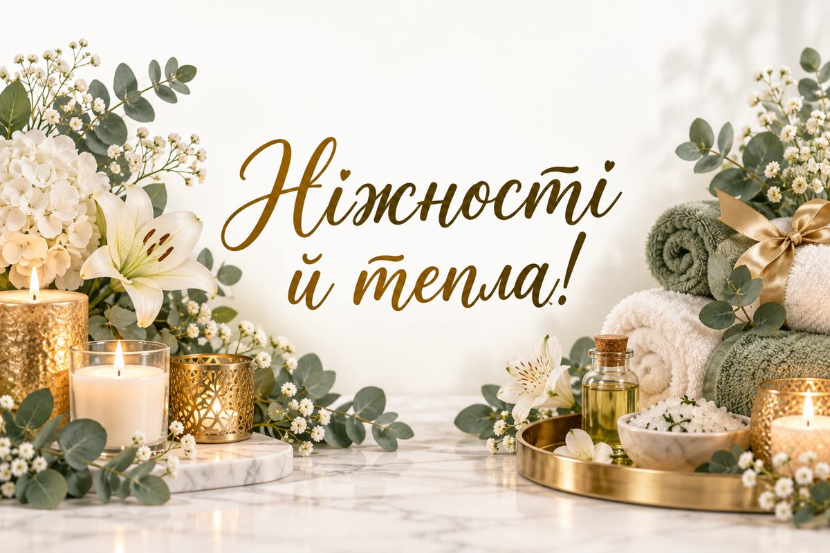 Листівка з днем народження подрузі: свічки, рушники й квіти для спа-вечора, напис «Ніжності й тепла!»