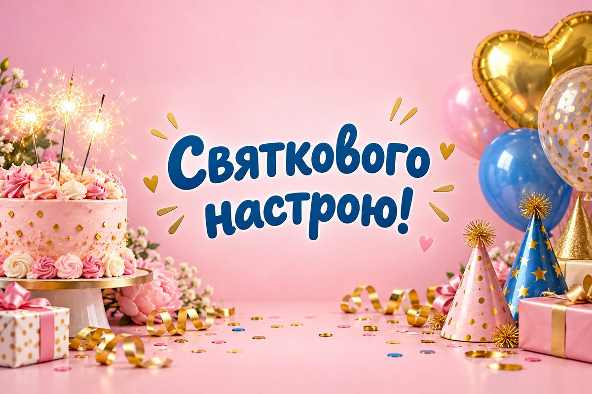 Листівка з днем народження подрузі: торт із бенгальськими вогнями й ковпачки, напис «Святкового настрою!»
