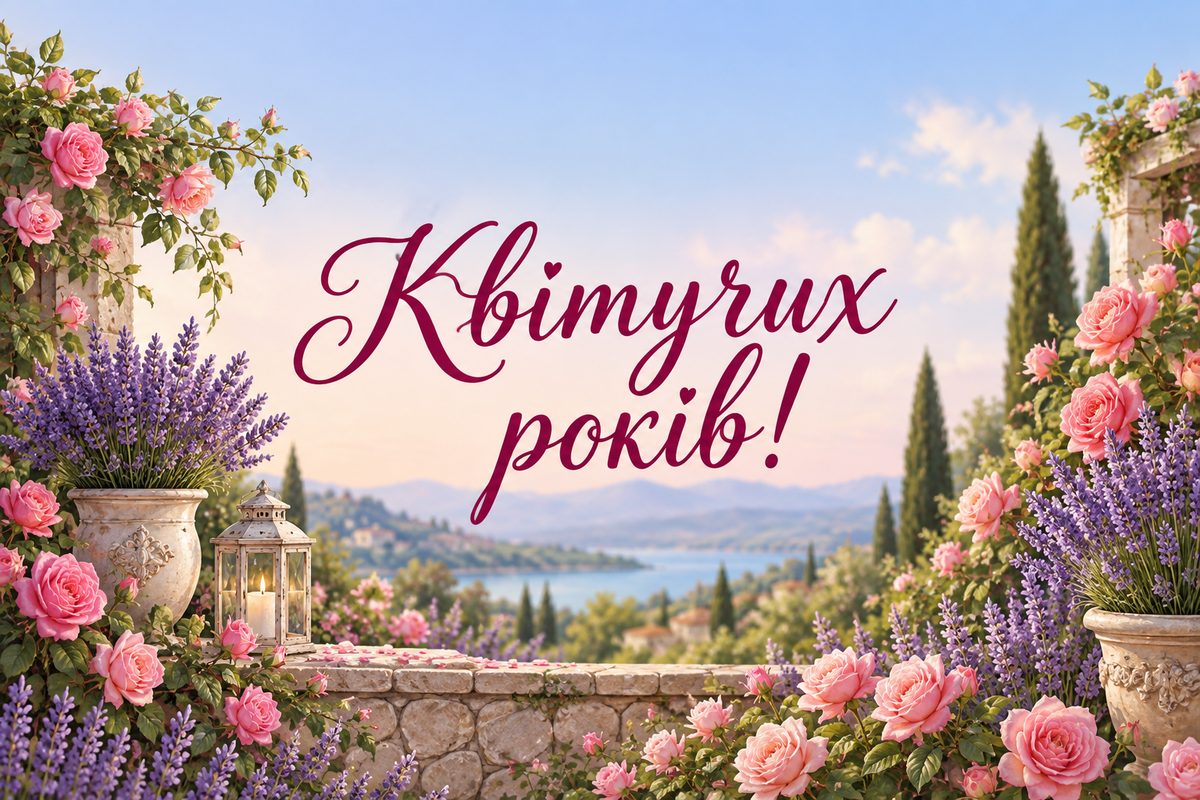 Листівка з днем народження подрузі: сад троянд і лаванди, напис «Квітучих років!»