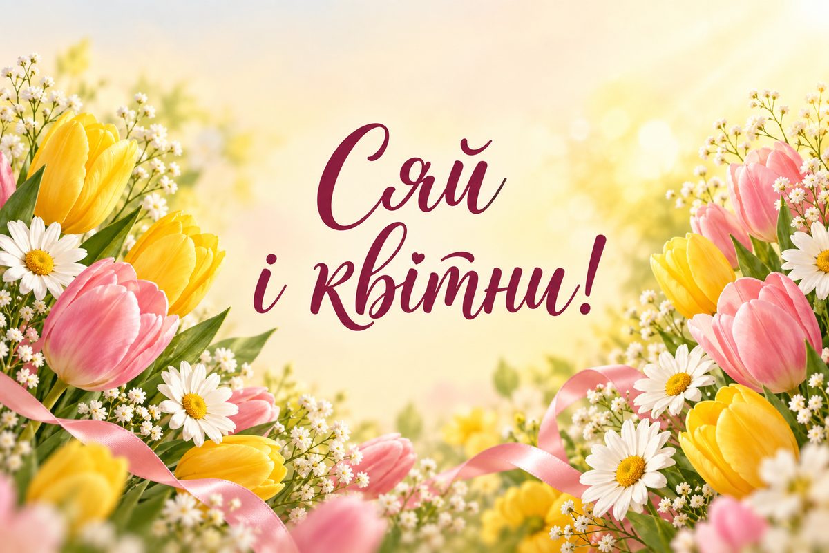 Листівка з днем народження подрузі: тюльпани й ромашки на сонці, напис «Сяй і квітни!»