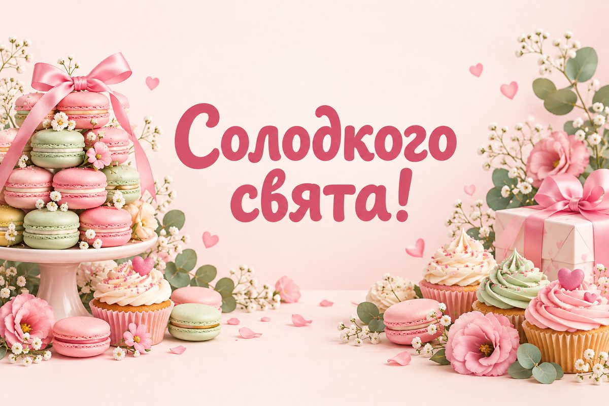 Листівка з днем народження подрузі: вежа з макарунів і капкейків, напис «Солодкого свята!»