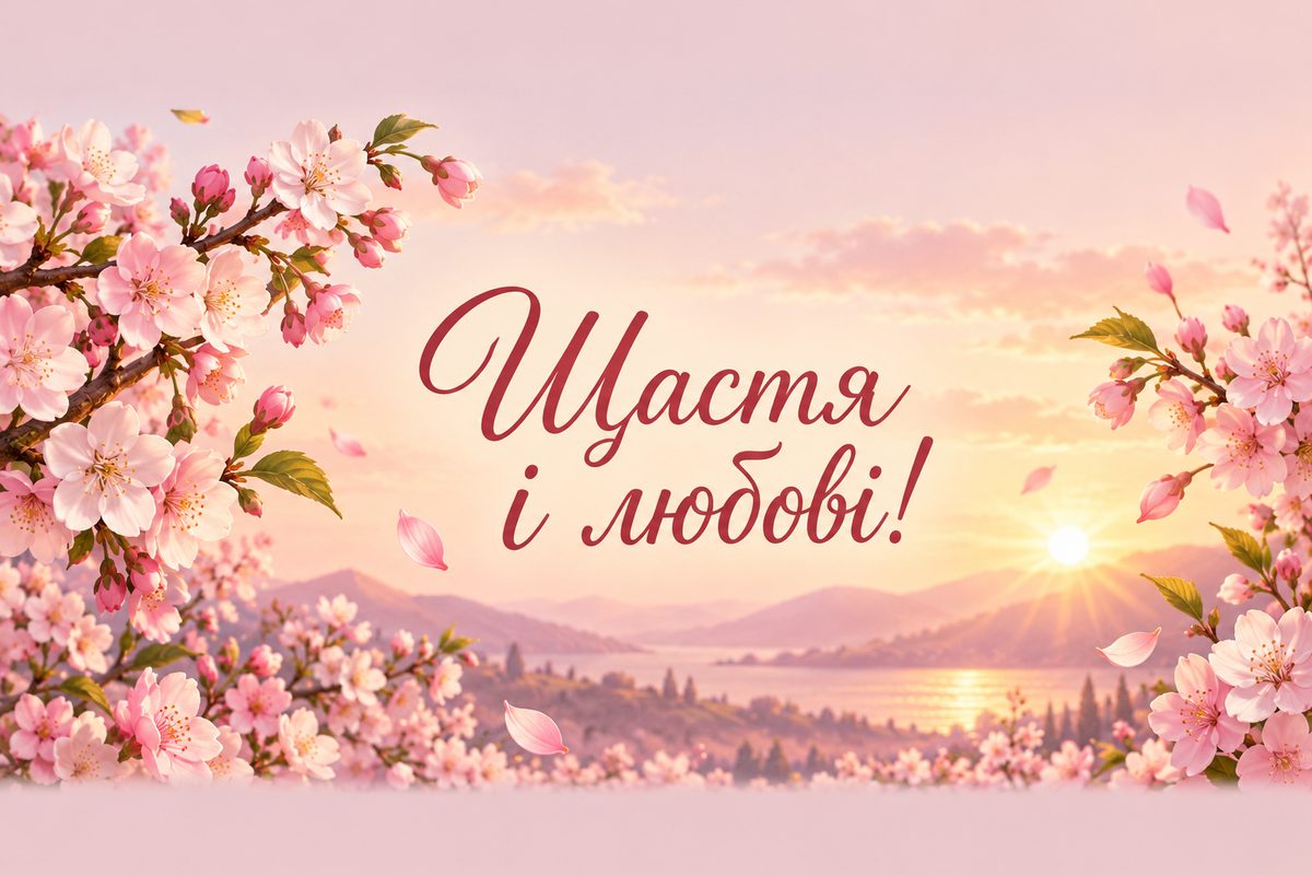 Листівка з днем народження подрузі: квітуча вишнева гілка на світанку, напис «Щастя і любові!»
