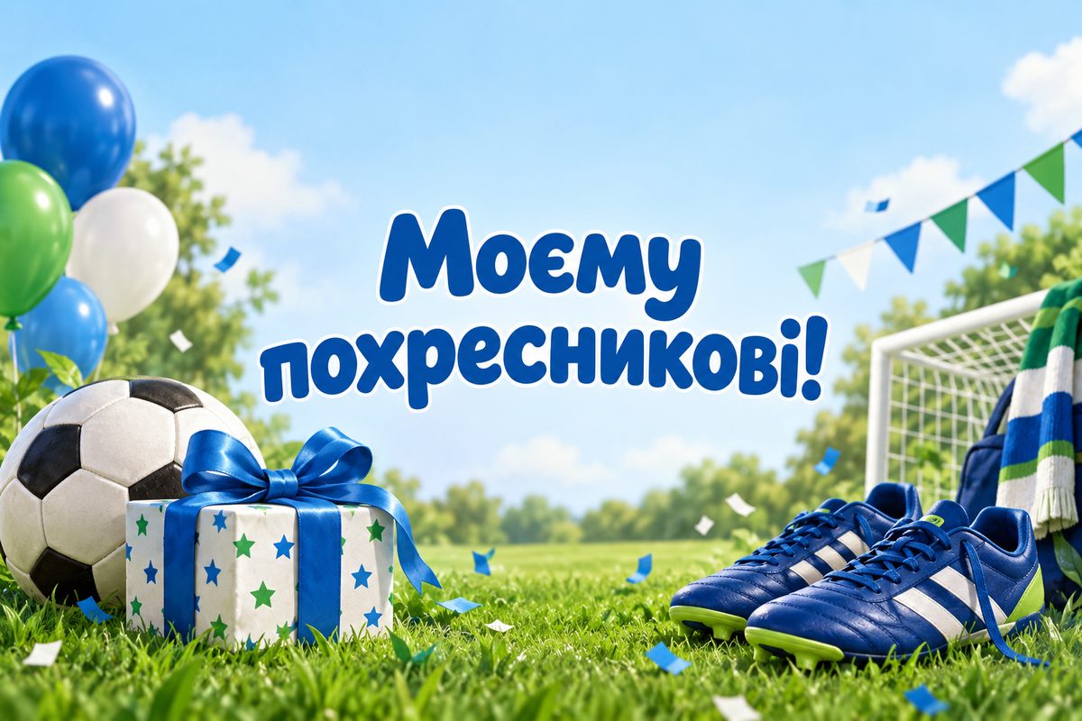 Листівка з днем народження похресниці: мʼяч, кросівки й подарунок, напис «Моєму похресникові!»