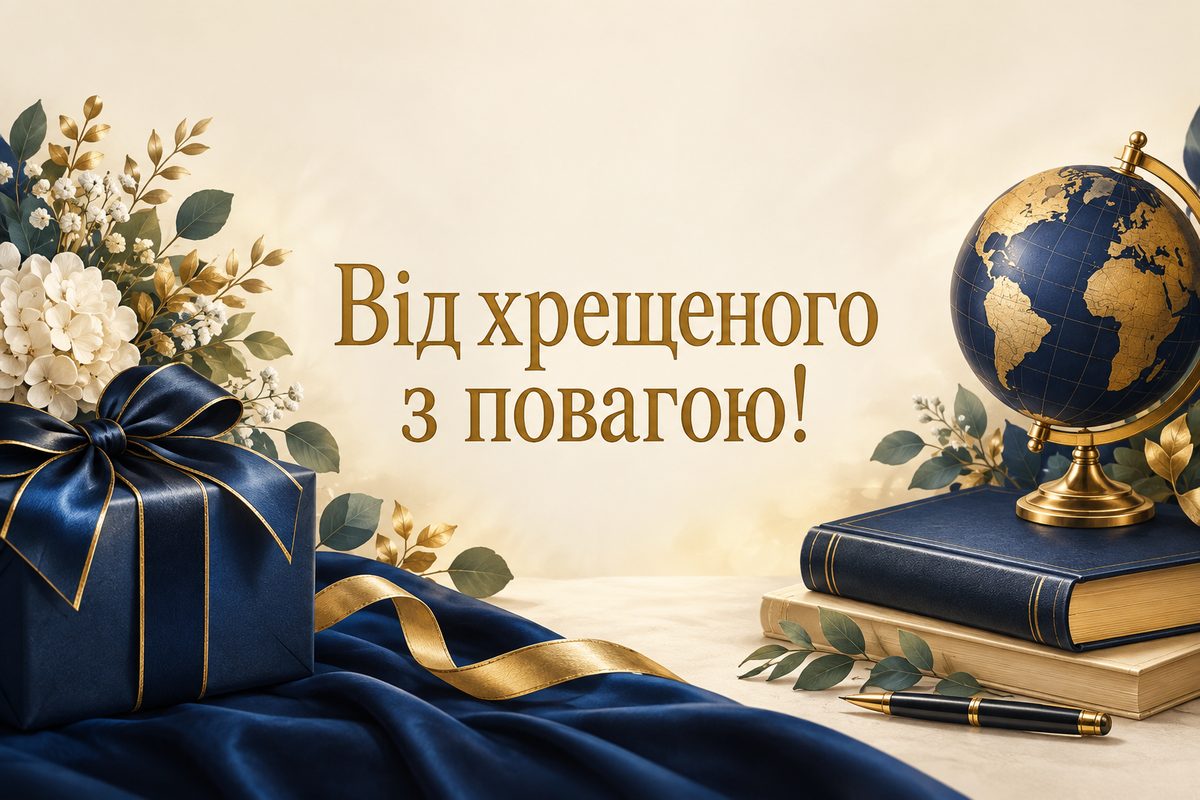 Листівка з днем народження похресниці: подарунок, книжка й глобус, напис «Від хрещеного з повагою!»